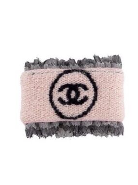 CHANEL Pink & Black CC Lace Trim Knit Logo Wrist Cuff Bracelet Vintage Pristine